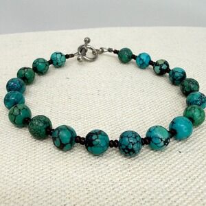Beaded Toggle Bracelet Bohemian Matrix Round Blue Stone Silver Tone Clasp